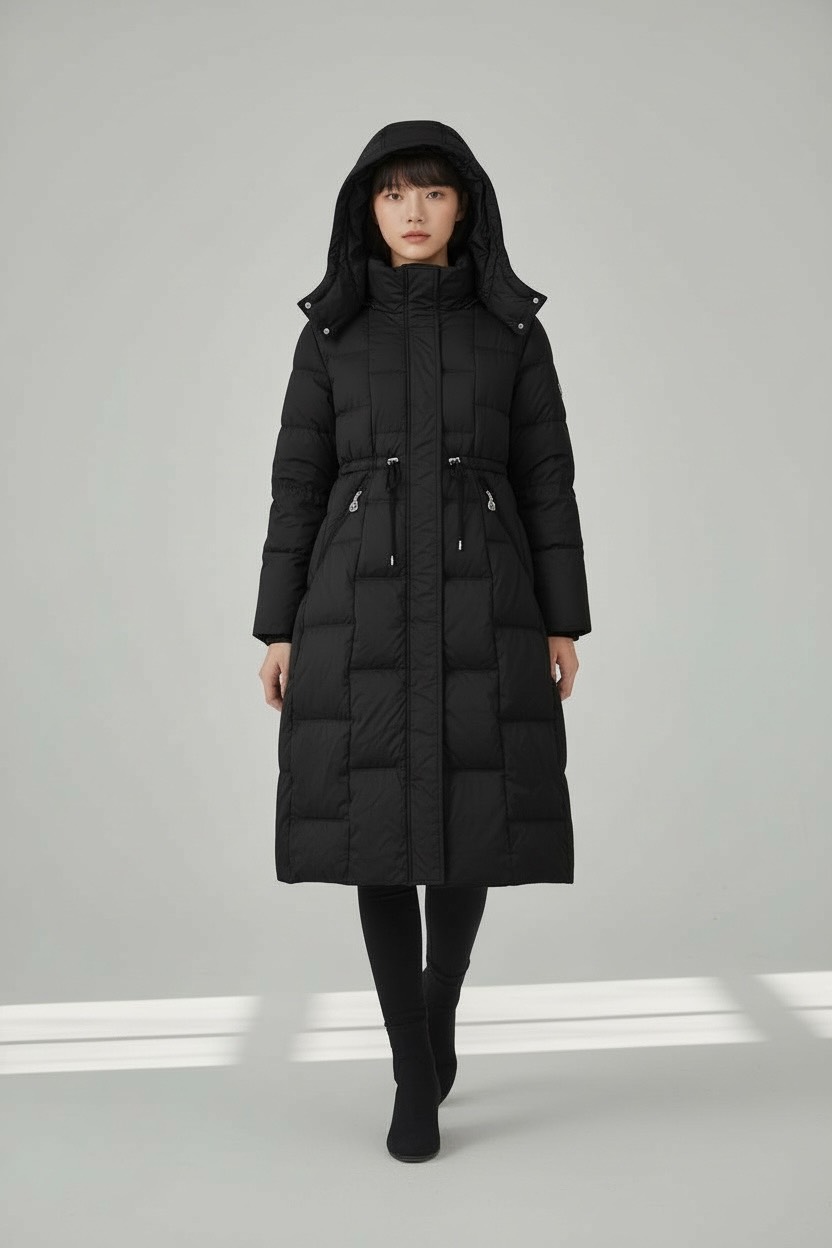 冬季重工簡約充絨工藝90白鴨絨連帽不厚重長羽絨服