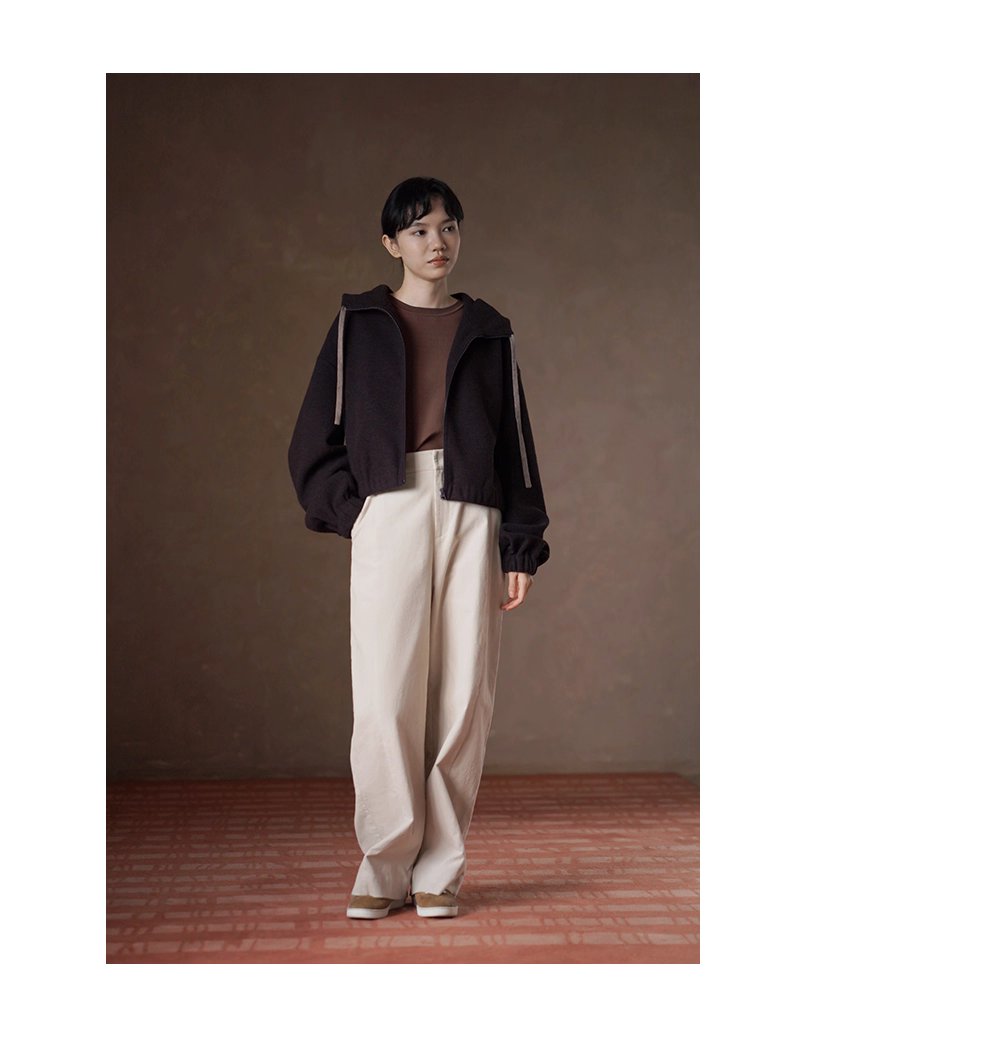 榛果咖濃鬱質感加厚綿羊毛混紡寬鬆短連帽衛衣外套女