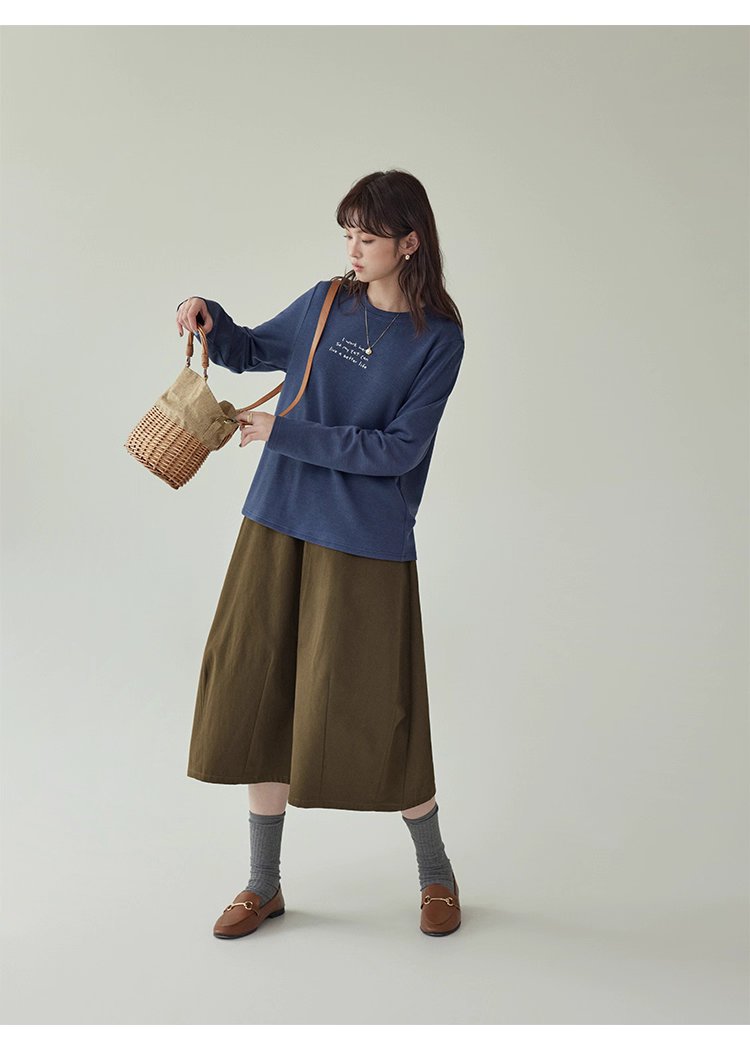 日系刺繡圓領雙面絨長袖T恤女秋季新款百搭上衣