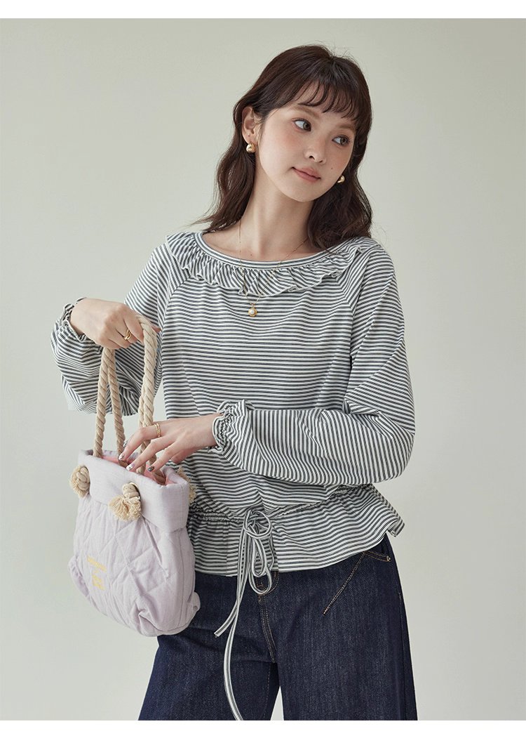 小眾抽繩下擺條紋花邊T恤女秋新款寬鬆長袖上衣