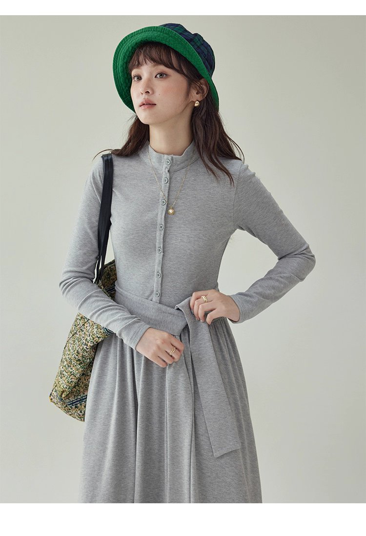 灰色修身高腰綁帶洋裝女秋新款長袖收腰T恤裙