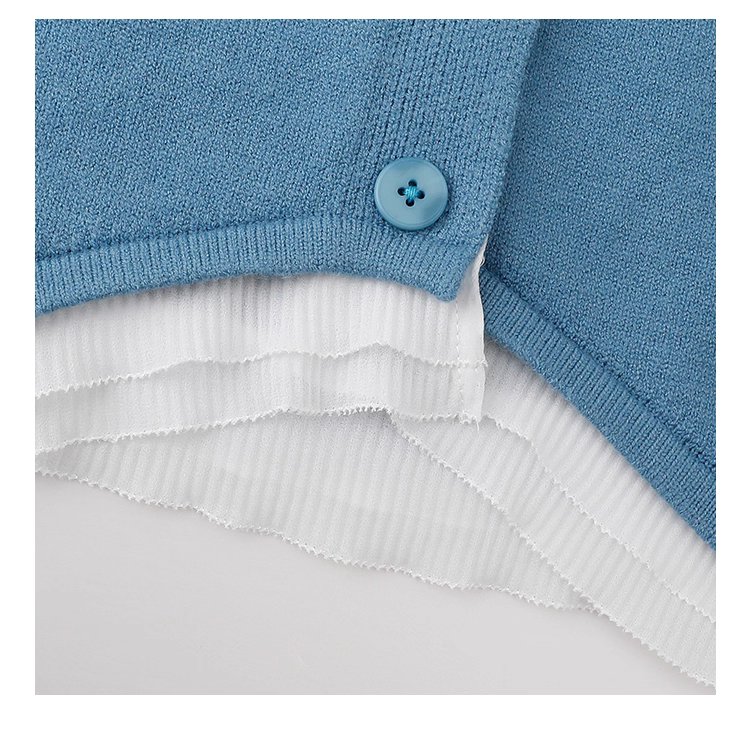 拼接蕾絲下擺藍色針織衫女秋季新款紐帶長袖上衣