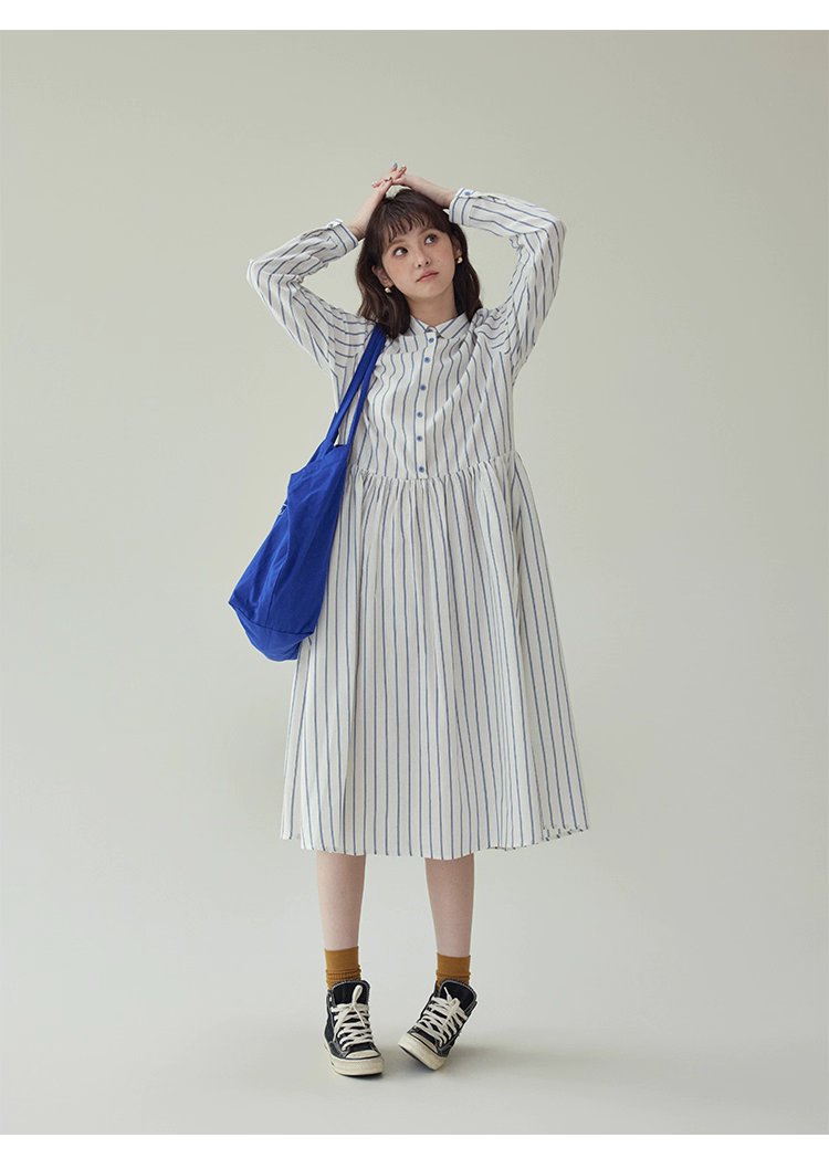 藍條紋娃娃領純棉洋裝女秋新款寬鬆長袖襯衫裙,藍條紋娃娃領純棉洋裝女秋新款寬鬆長袖襯衫裙,HBEW7043,藍條紋娃娃領純棉洋裝女秋新款寬鬆長袖襯衫裙,襯衫洋裝,全棉面料