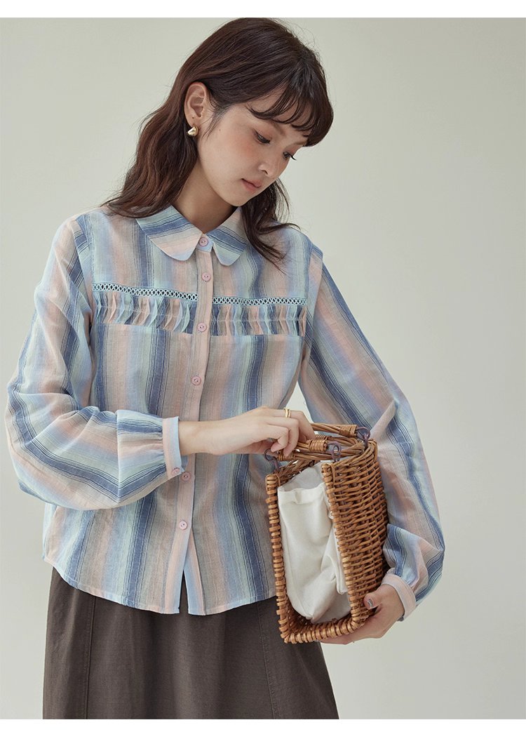 少女感鏤空拼接條紋襯衫女秋季新款純棉長袖上衣