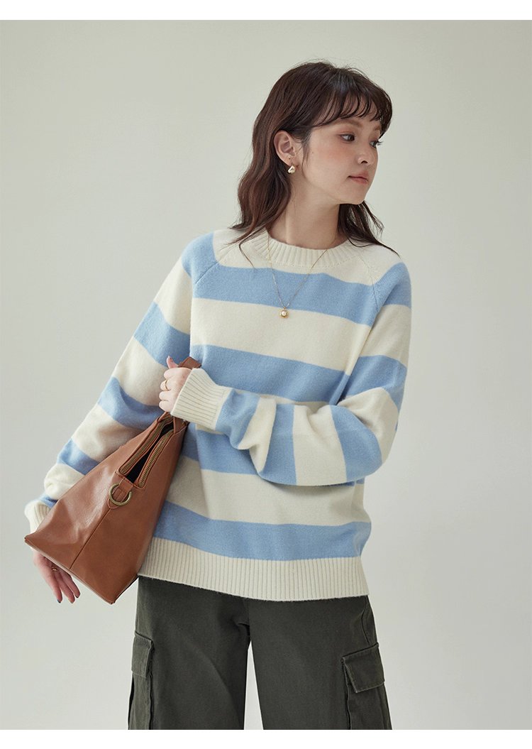 韓國拼色條紋插肩袖毛衣女秋款新款休閒寬鬆上衣