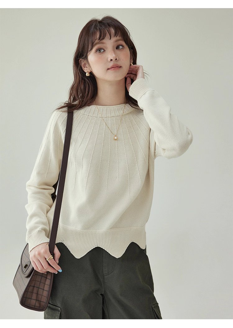 設計感波浪下擺純棉針織衫女秋冬季新款長袖上衣