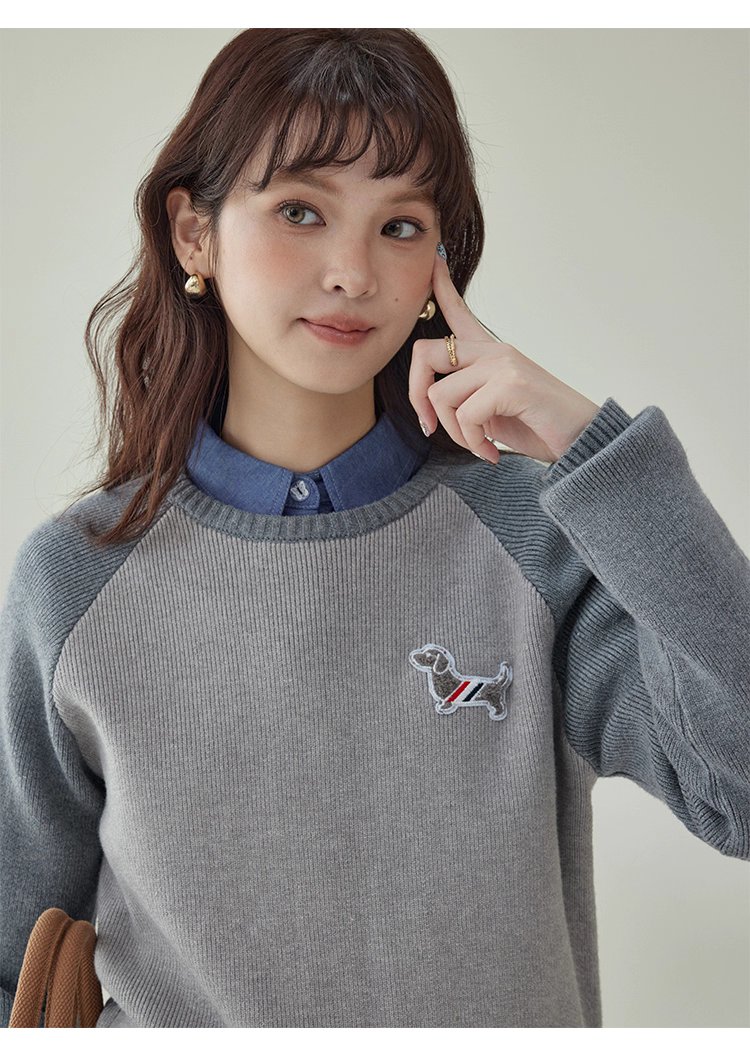 拼色插肩長袖短版針織衫女秋季新款小狗刺繡上衣