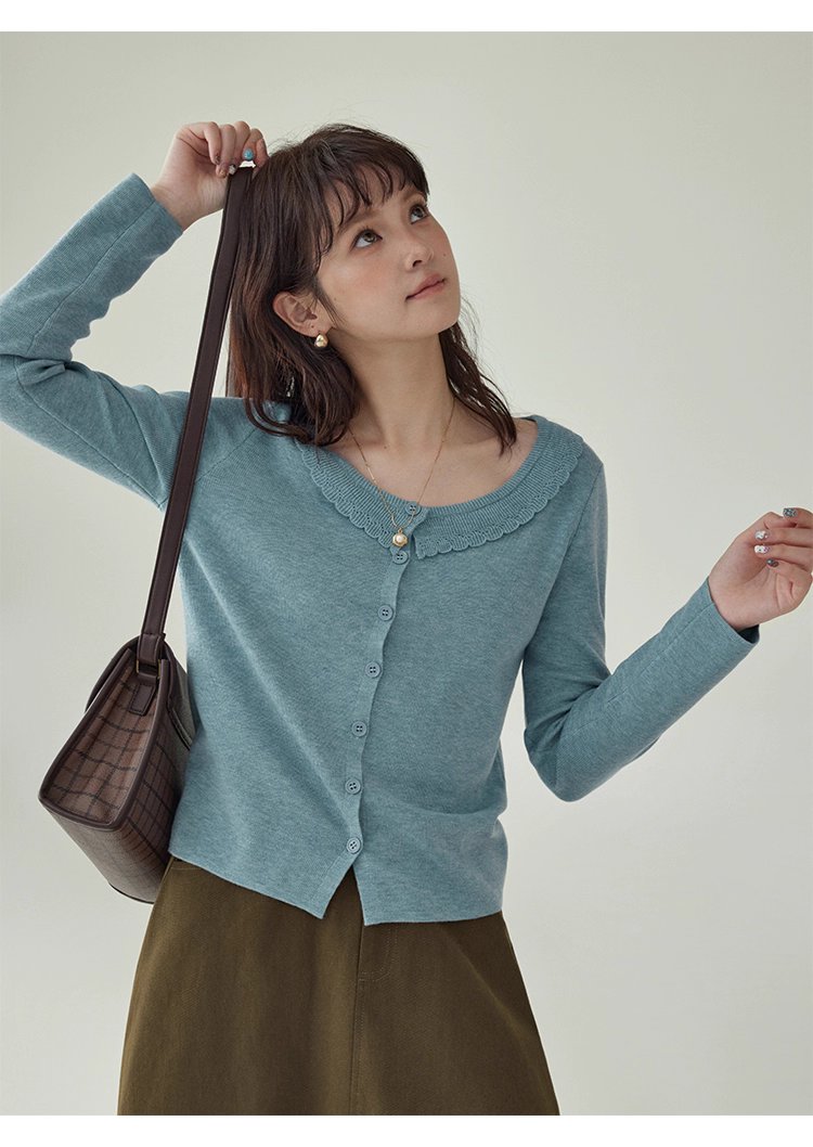 藍色圓領針織衫女秋季絕美短款修身長袖開襟衫上衣