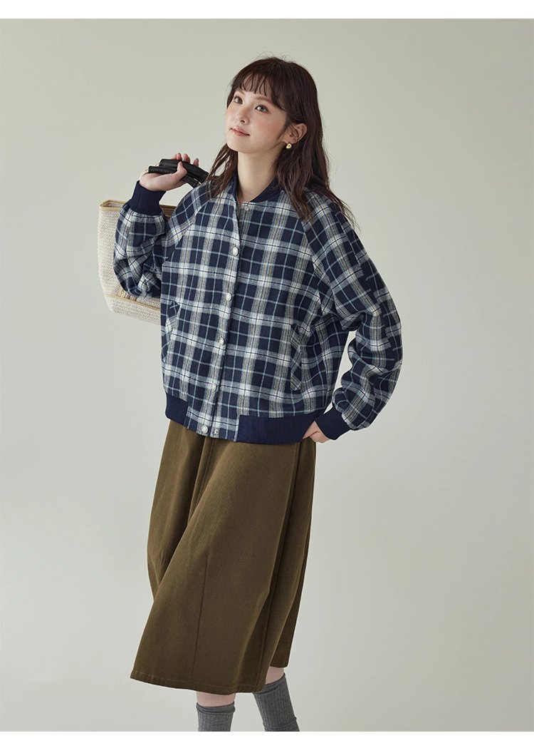 撞色格紋插肩袖摁扣外套女秋季新款長袖外套上衣