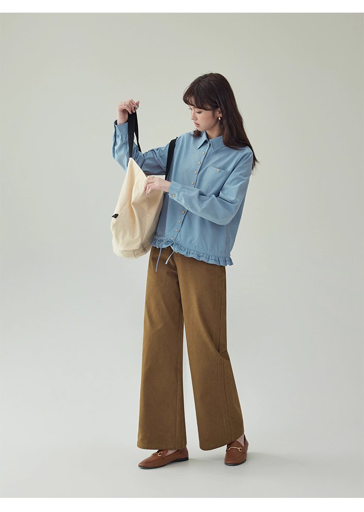 藍色花邊下擺抽繩襯衫女秋季新款單排扣長袖上衣,藍色花邊下擺抽繩襯衫女秋季新款單排扣長袖上衣,HBEW1103,藍色花邊下擺抽繩襯衫女秋季新款單排扣長袖上衣,翻領排扣,天絲混棉