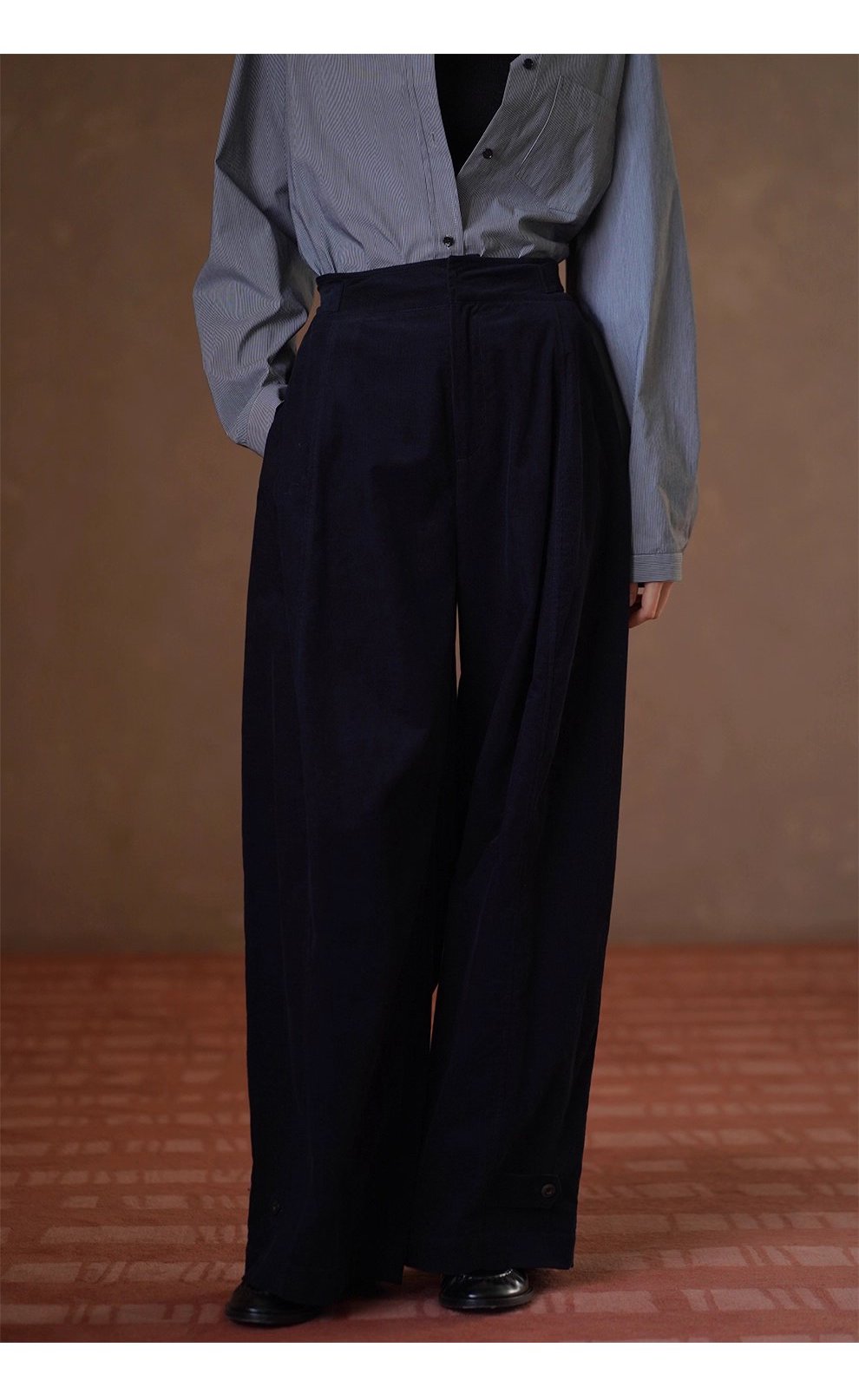 復古柔光細條100棉燈芯絨顯瘦高腰可調式腳口寬鬆長褲女