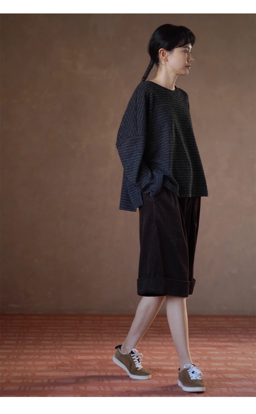 圖紙黑灰白條紋長袖軟糯羊毛混紡基礎寬鬆落肩顯瘦T恤女