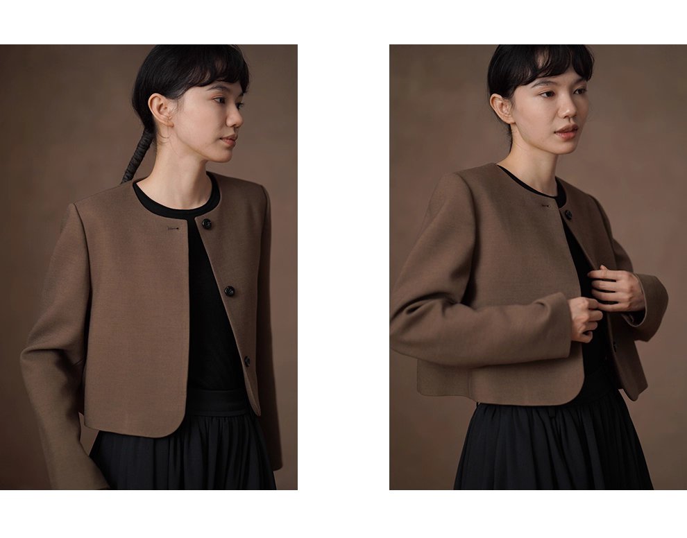 俐落入秋含羊毛西裝圓領短版小個子通勤顯瘦正肩外套