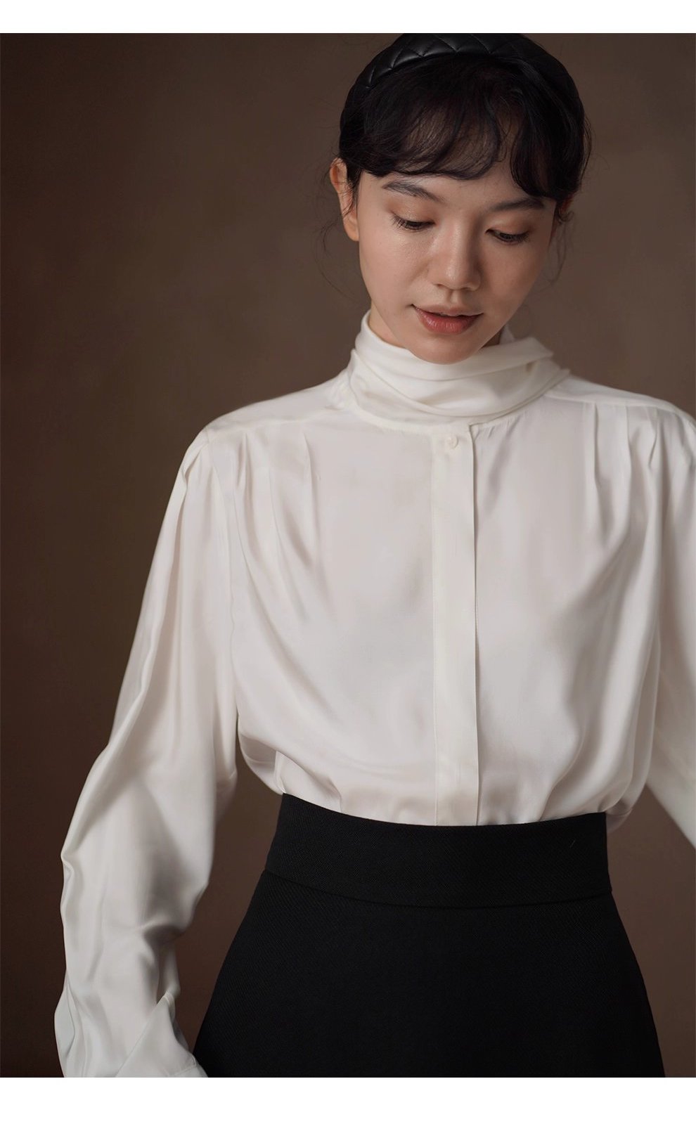 柔光緞面氣質絲滑垂軟襯衫溫柔飄帶設計寬鬆通勤上衣女