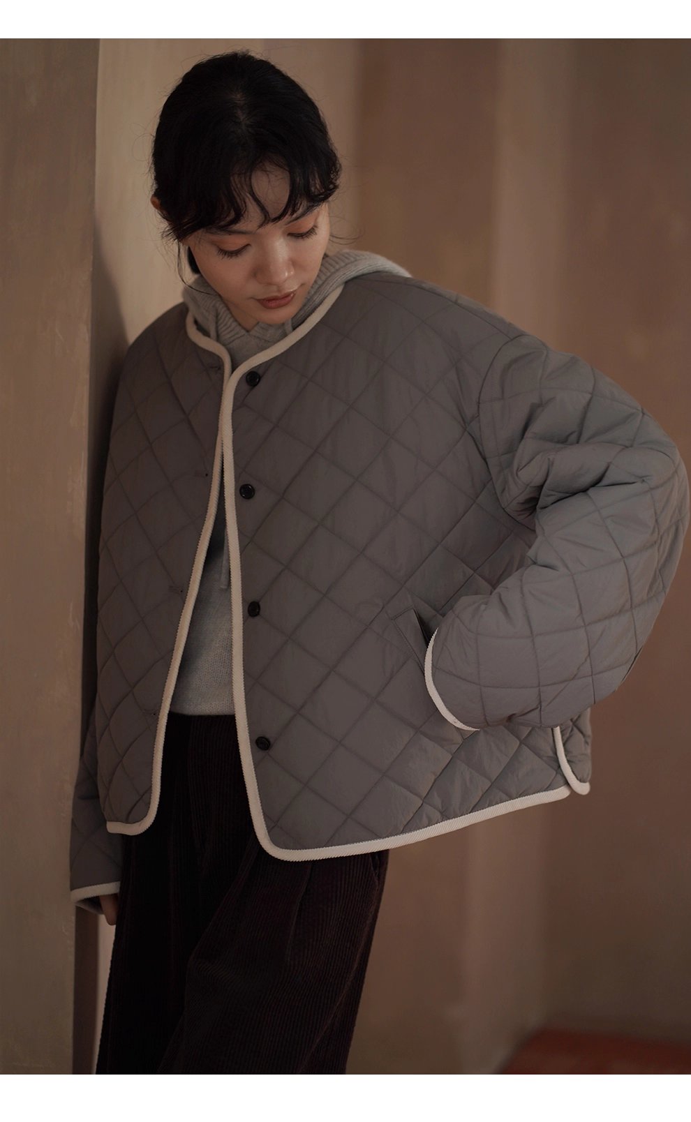 撞色燈芯絨包邊顯瘦菱格絎線寬鬆輪廓顯瘦保暖棉質外套