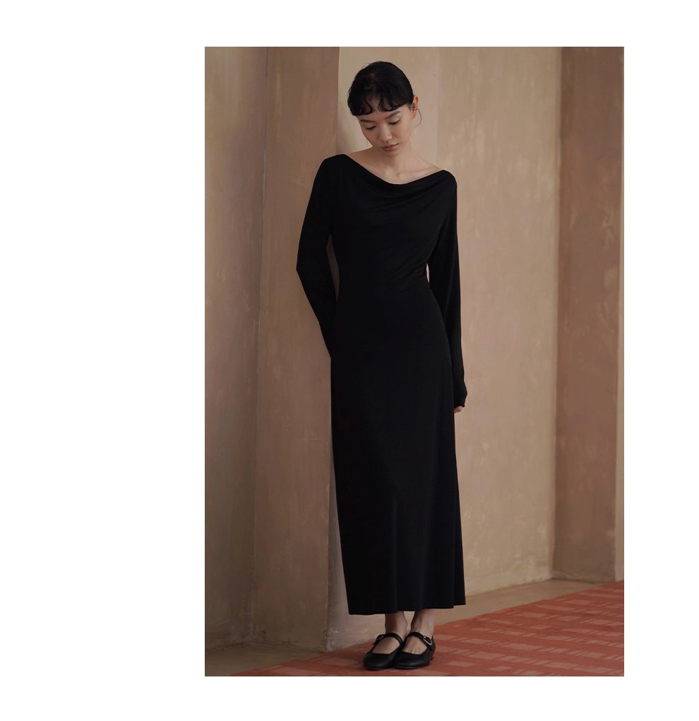 進階優雅巨顯瘦氣質蕩領彈性合身洋裝通勤長裙女