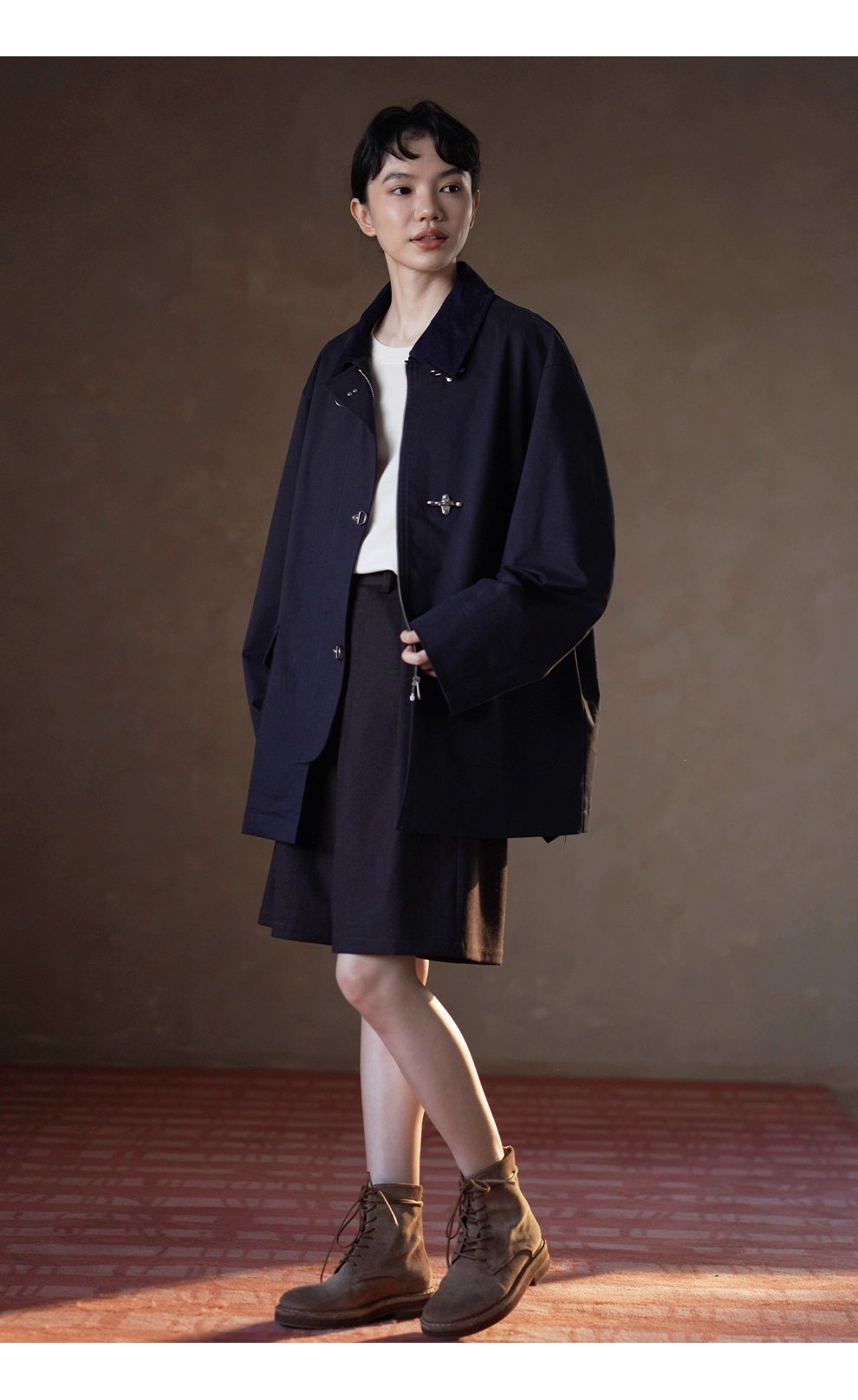 走讀生復古外套小眾飛機扣設計中長款拼接麂皮領口風衣