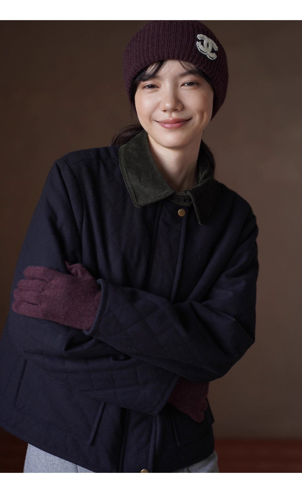 復古英倫配色撞色燈芯絨翻領正肩短款菱形格絎棉外套女