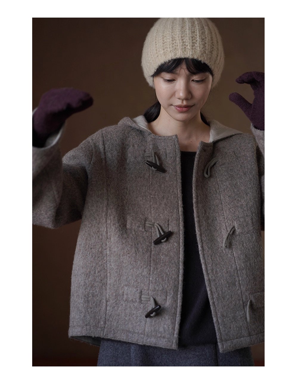 書香學院風外套澳洲進口羊毛駝絨連帽牛角扣短款雙面呢