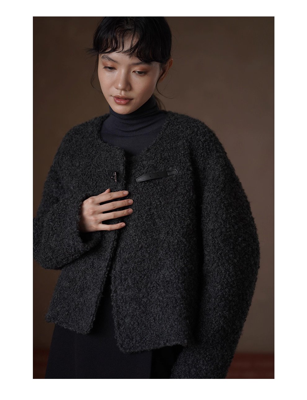 費城外套蓬鬆羊毛圈毛呢料輪廓皮袢圓領通勤顯瘦大衣