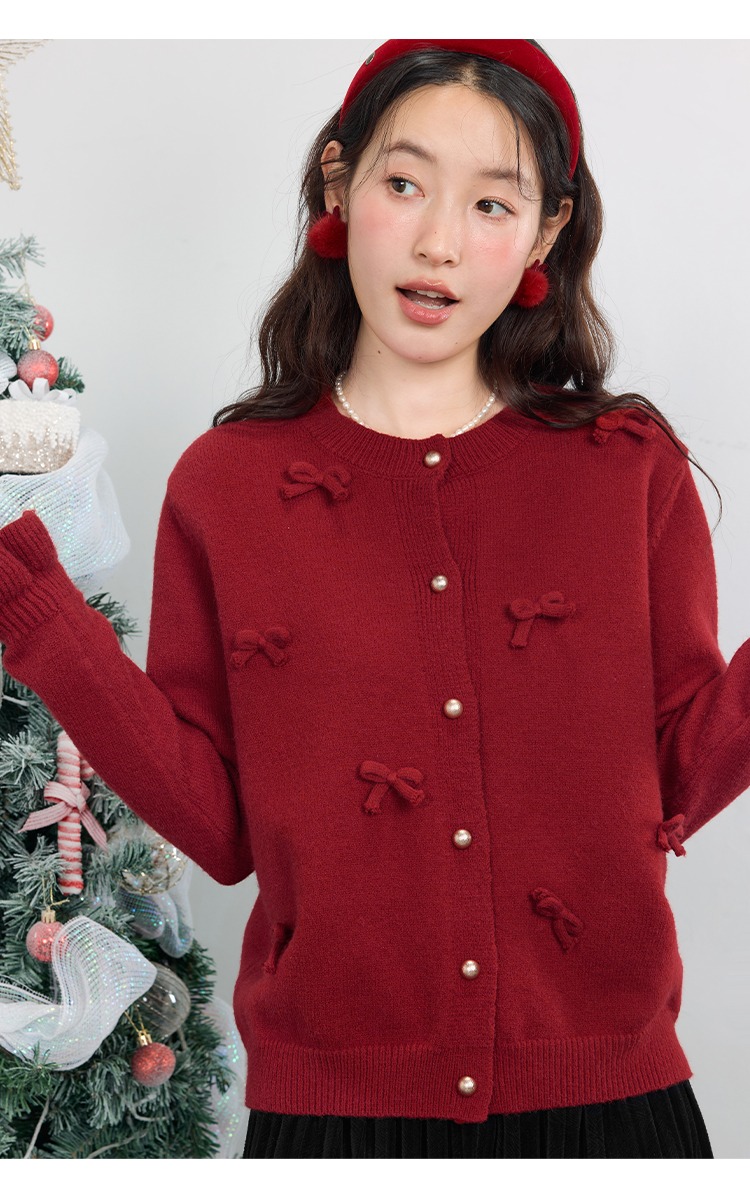 大尺碼胖mm秋冬毛衣開襟外套紅色蝴蝶結針織衫上衣