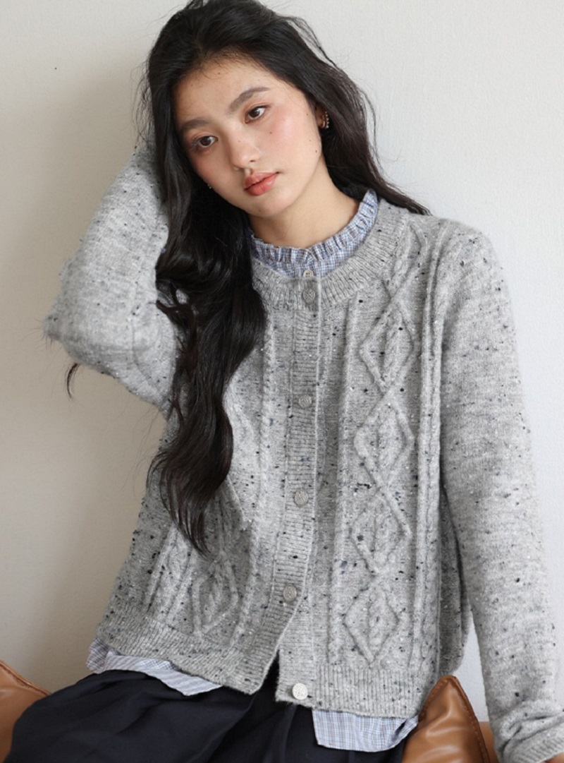 秋冬灰色毛衣開襟衫女拼接格子襯衫假兩件針織衫