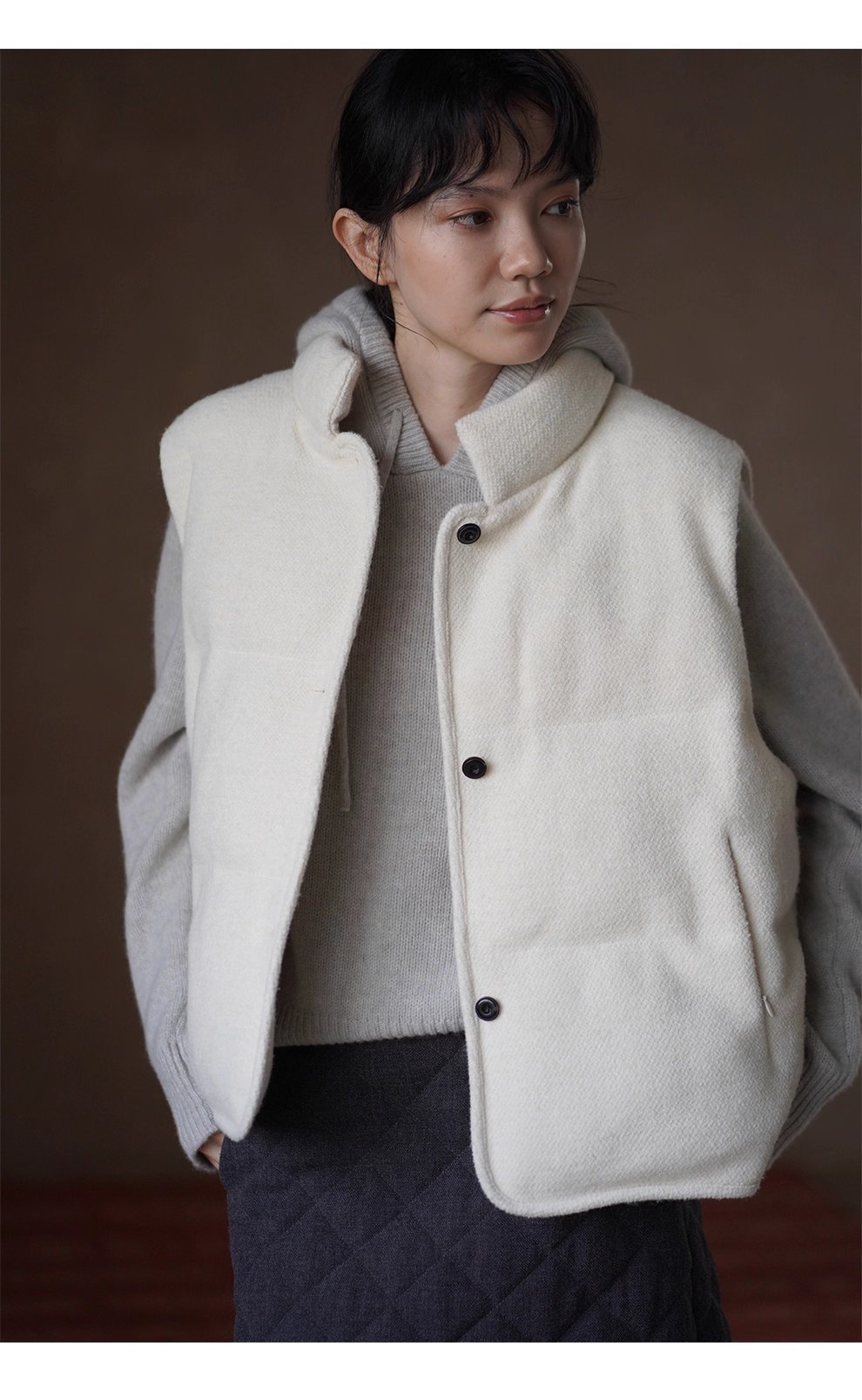 小奶糕自然肌理感綿羊毛混紡寬鬆疊穿簡約立領棉服馬甲