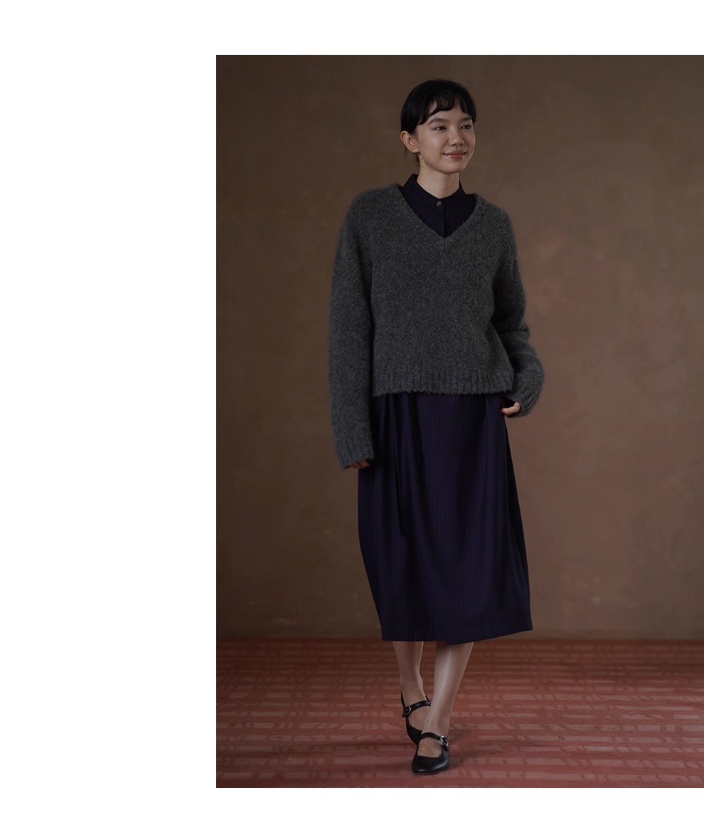 溫柔蓬鬆雜花灰毛衣馬海毛綿羊毛混紡寬鬆V領落肩上衣女