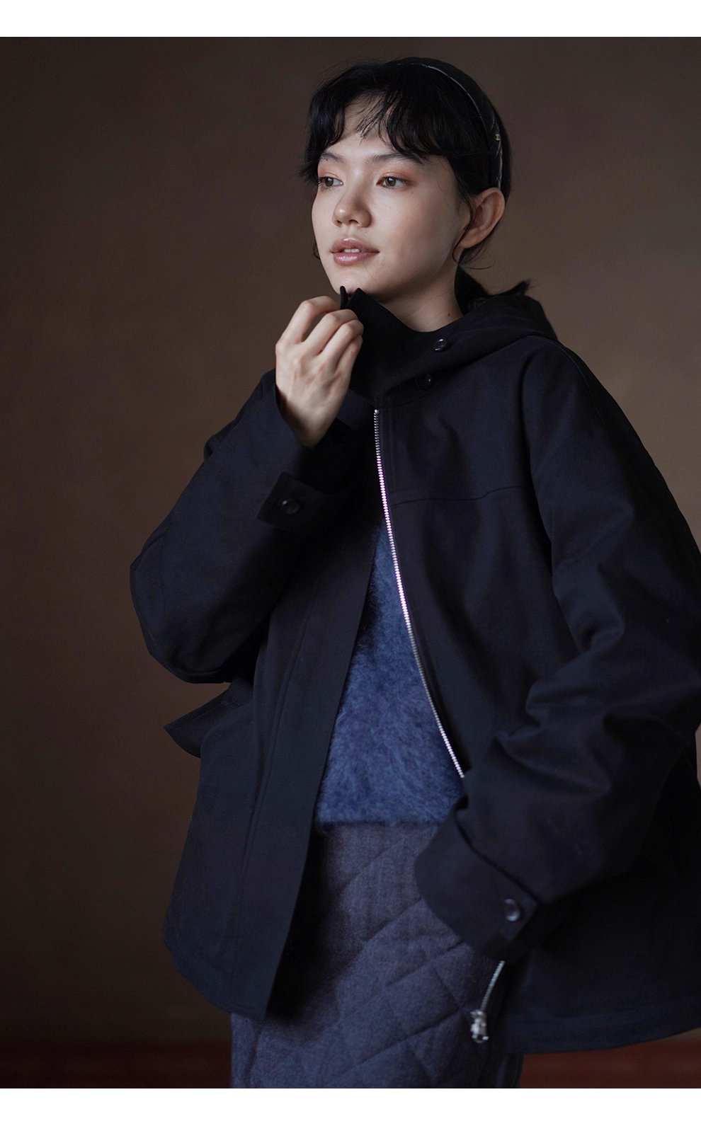 英倫學院撞色格紋連帽搖粒絨內裡加厚一手長夾克外套女