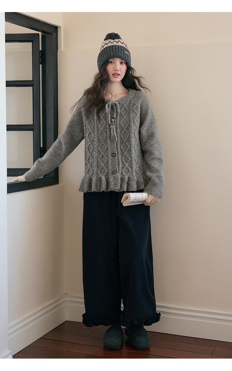 菱格毛衣開襟上衣外套冬季針織衫,菱格毛衣開襟上衣外套冬季針織衫,HBEW1952,菱格毛衣開襟上衣外套冬季針織衫,荷葉滾邊,菱格紋路