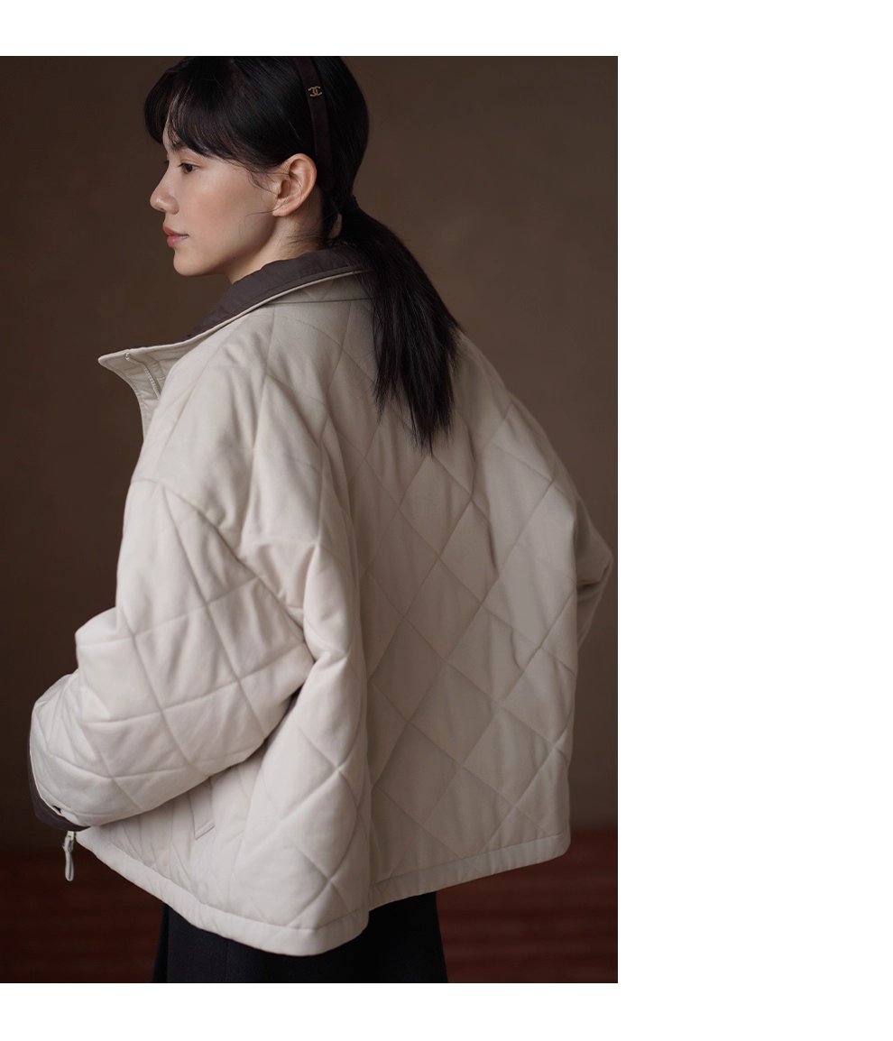 從容冬日保暖棉服立領廓形菱格絎線夾棉撞色顯瘦外套女