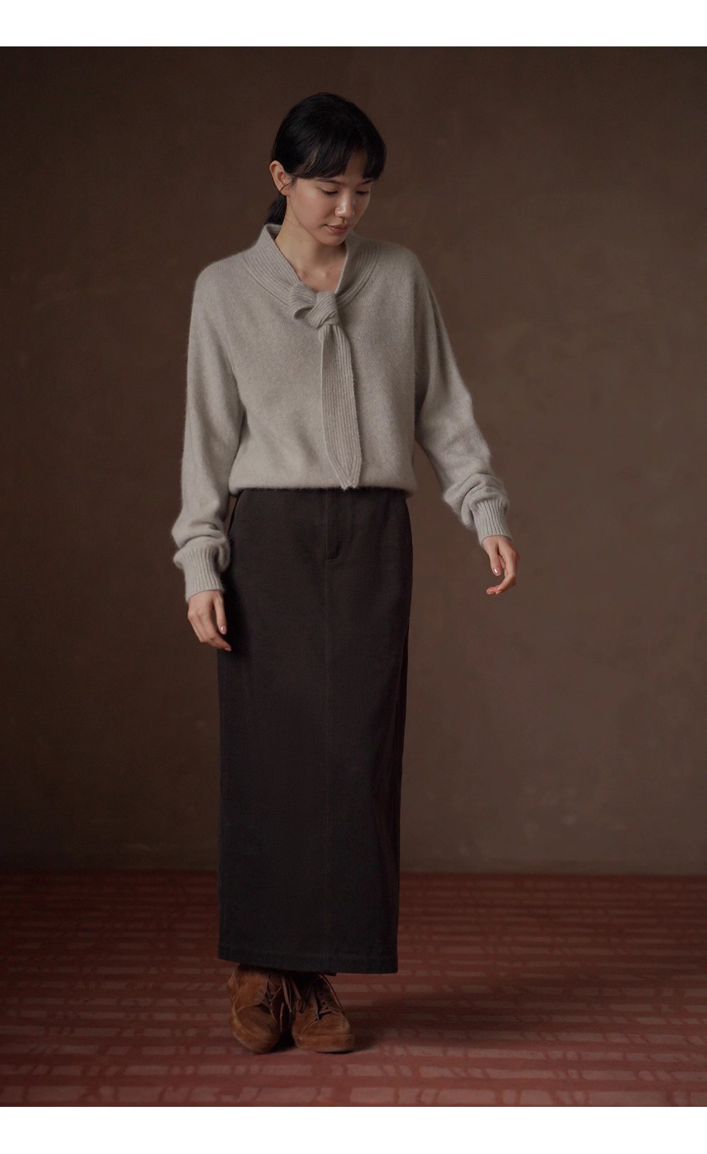 靜謐月光羊毛柔和混紡紗線領結設計感坑條顯瘦寬鬆毛衣