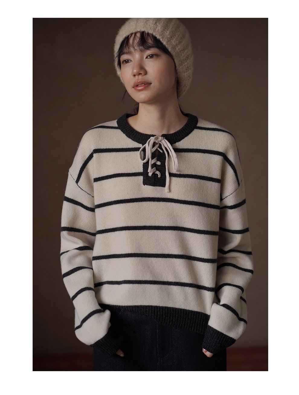 復古水手條紋上衣軟糯100羊毛綁帶門襟設計寬鬆顯瘦毛衣