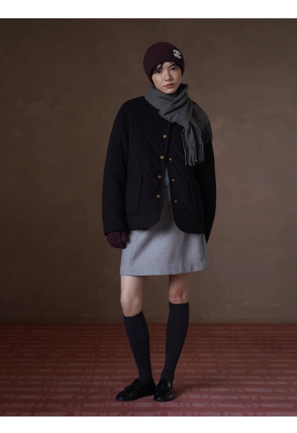 精緻復古細膩毛感肌理薄呢菱形格絎棉保暖寬鬆棉襖外套,精緻復古細膩毛感肌理薄呢菱形格絎棉保暖寬鬆棉襖外套,HBEW5092,精緻復古細膩毛感肌理薄呢菱形格絎棉保暖寬鬆棉襖外套,圓領排扣,菱格車線