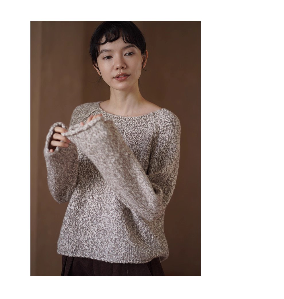拉花肌理感雜色羊毛豆豆紗寬鬆顯瘦船領休閒捲邊毛衣女