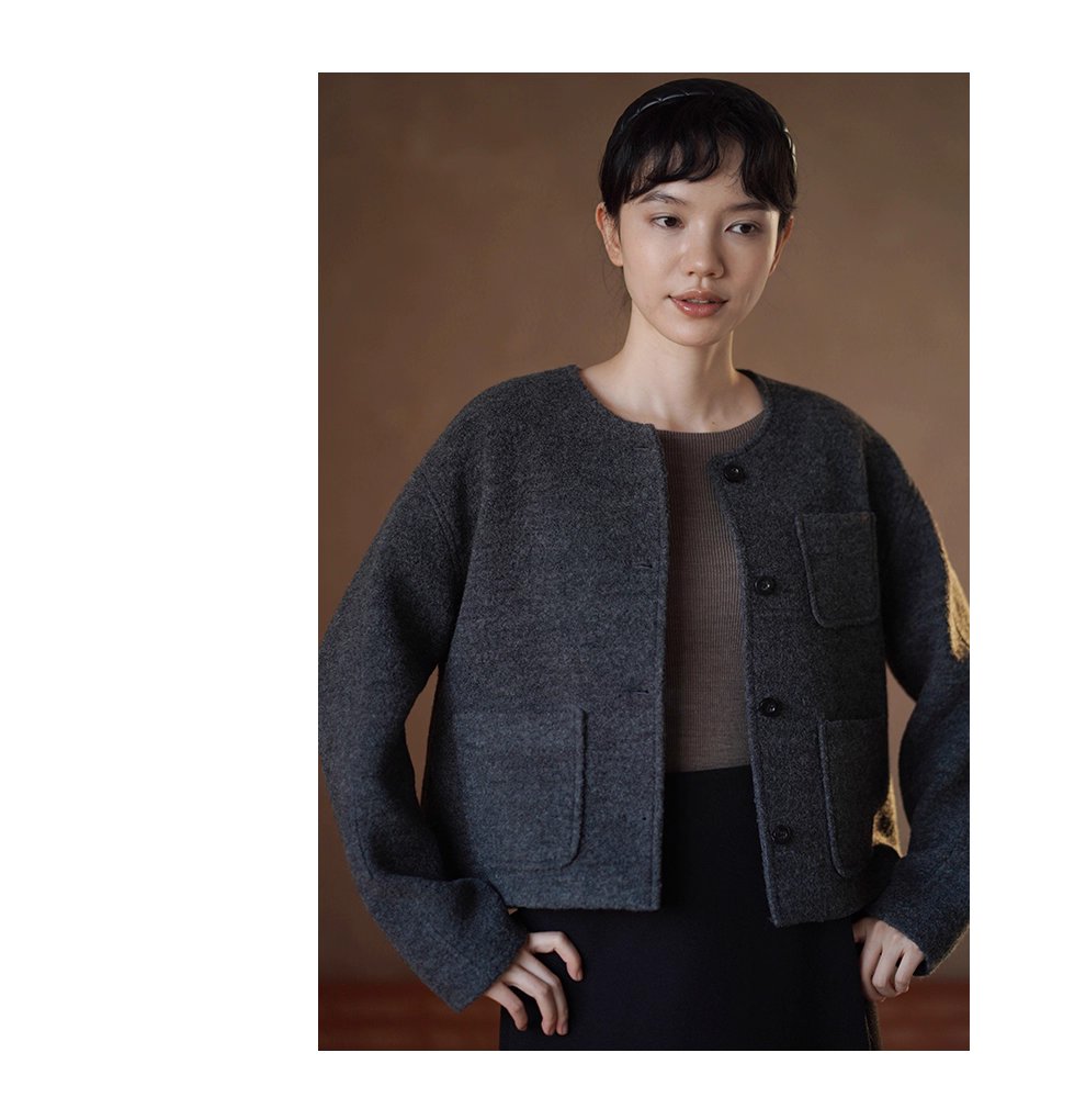 高克重高比例羊毛立絨毛呢外套短款圓領通勤顯瘦大衣女,高克重高比例羊毛立絨毛呢外套短款圓領通勤顯瘦大衣女,HBEW5097,高克重高比例羊毛立絨毛呢外套短款圓領通勤顯瘦大衣女,圓領排扣,羊毛混紡