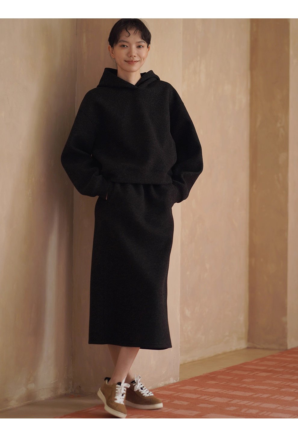 懶人時髦感加厚毛呢感連帽衛衣高腰半身裙顯瘦百搭套裝