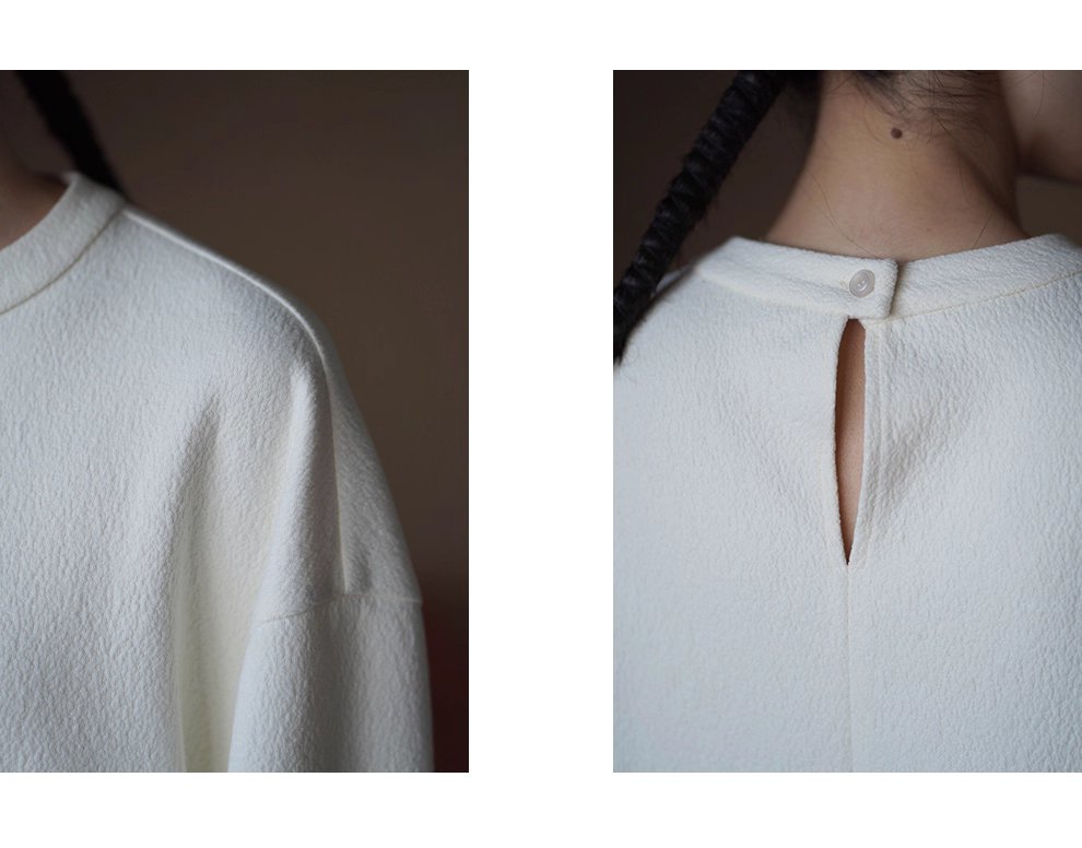 弧形開叉下擺寬鬆肌理感圓領慵懶感加厚顯瘦內搭白T上衣,弧形開叉下擺寬鬆肌理感圓領慵懶感加厚顯瘦內搭白T上衣,HBEW1131,弧形開叉下擺寬鬆肌理感圓領慵懶感加厚顯瘦內搭白T上衣,後領鈕扣,肌理感面料