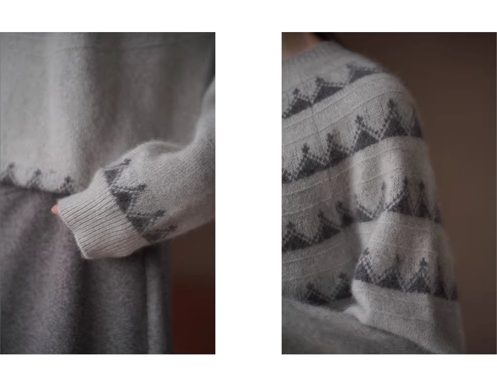 復古費爾島提花氛圍感柔軟羊毛浣熊混紡圓領寬鬆毛衣女