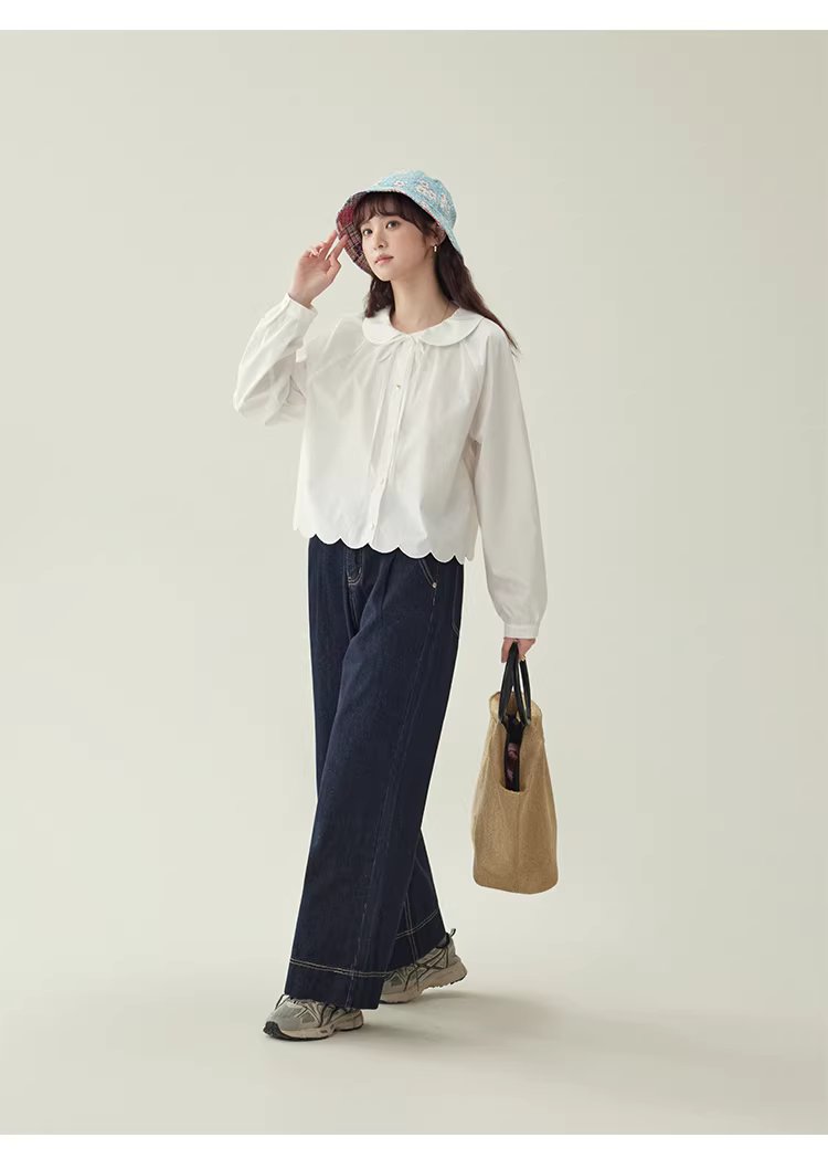 少女感蕾絲娃娃領襯衫女25冬季新款白色長袖上衣,HBEW1142,少女感蕾絲娃娃領襯衫女25冬季新款白色長袖上衣,娃娃領,花瓣衣襬,細節滿分