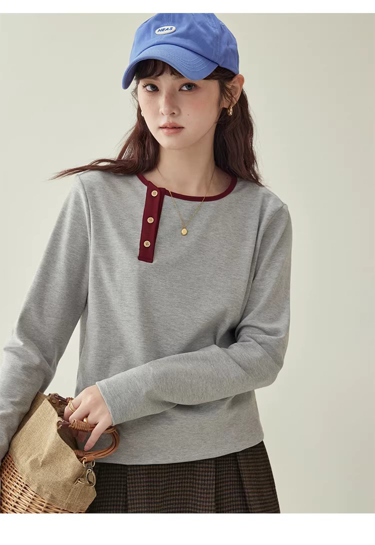 撞色斜領內搭長袖T恤女25冬季新款簡約寬鬆上衣,撞色斜領內搭長袖T恤女25冬季新款簡約寬鬆上衣,HBEW1145,撞色斜領內搭長袖T恤女25冬季新款簡約寬鬆上衣,側排扣,舒適面料