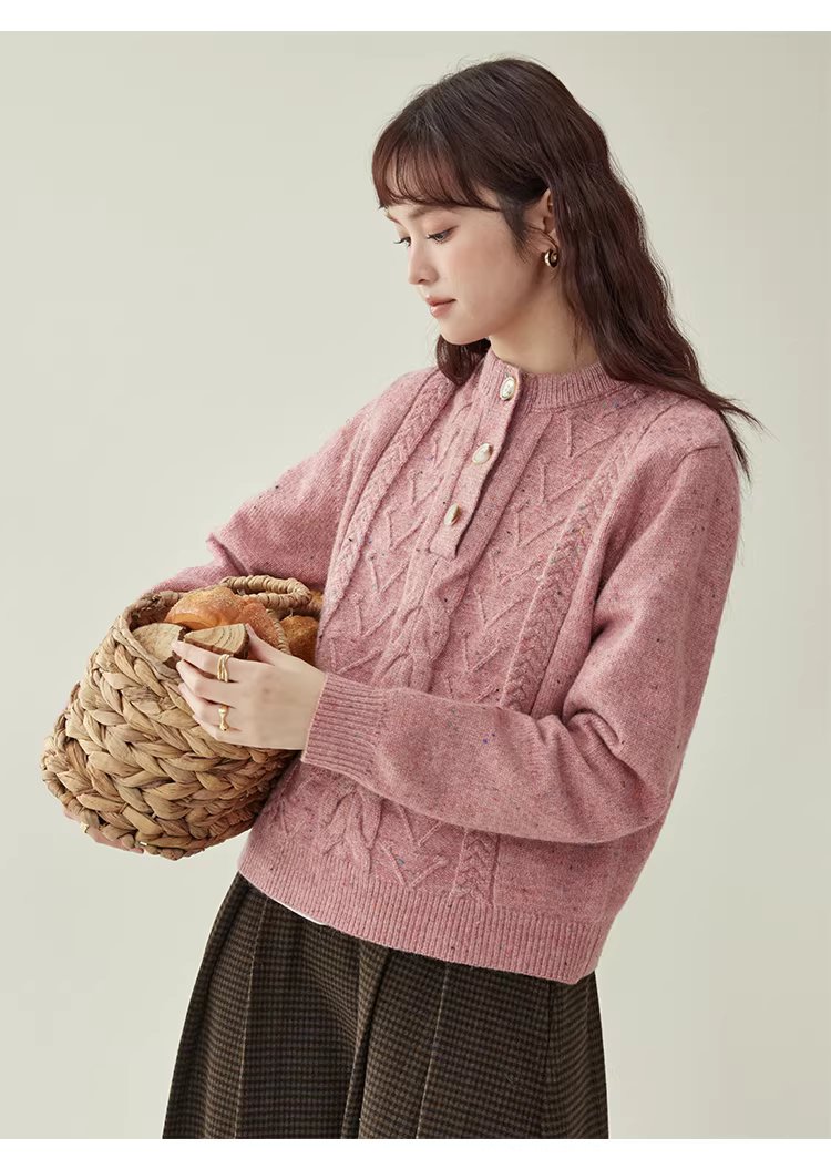 半開領麻花羊毛毛衣女冬季新款甜美彩點長袖上衣,半開領麻花羊毛毛衣女冬季新款甜美彩點長袖上衣,HBEW5106,半開領麻花羊毛毛衣女冬季新款甜美彩點長袖上衣,半開排扣,麻花針織