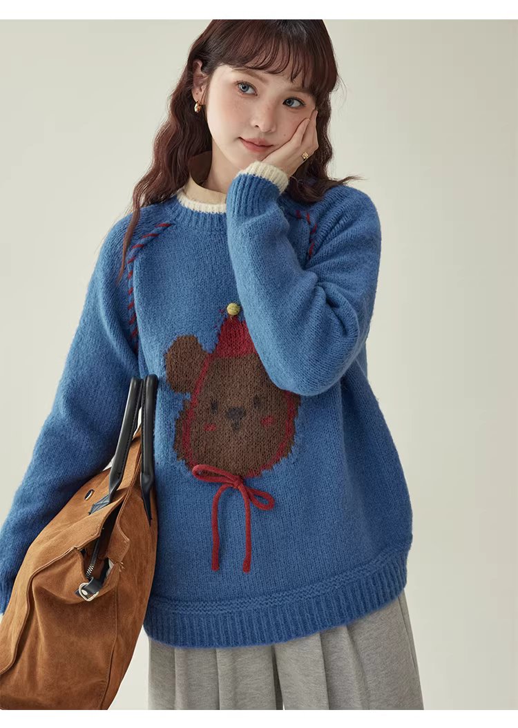 克萊因藍圓領羊毛長袖小熊毛衣女冬新款寬鬆減齡上衣,克萊因藍圓領羊毛長袖小熊毛衣女冬新款寬鬆減齡上衣,HBEW1148,克萊因藍圓領羊毛長袖小熊毛衣女冬新款寬鬆減齡上衣,童趣針織,羊毛混紡