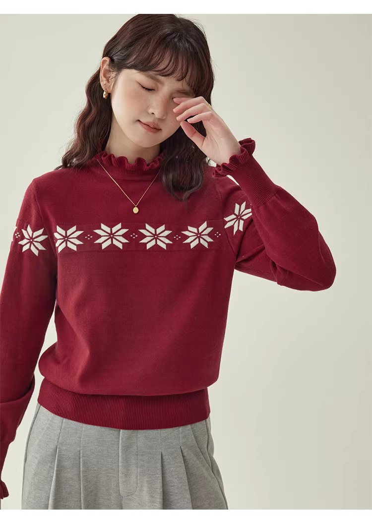 減齡紅色木耳邊雪花針織衫女冬新款內搭長袖上衣,減齡紅色木耳邊雪花針織衫女冬新款內搭長袖上衣,HBEW1152,減齡紅色木耳邊雪花針織衫女冬新款內搭長袖上衣,木耳邊,雪花針織