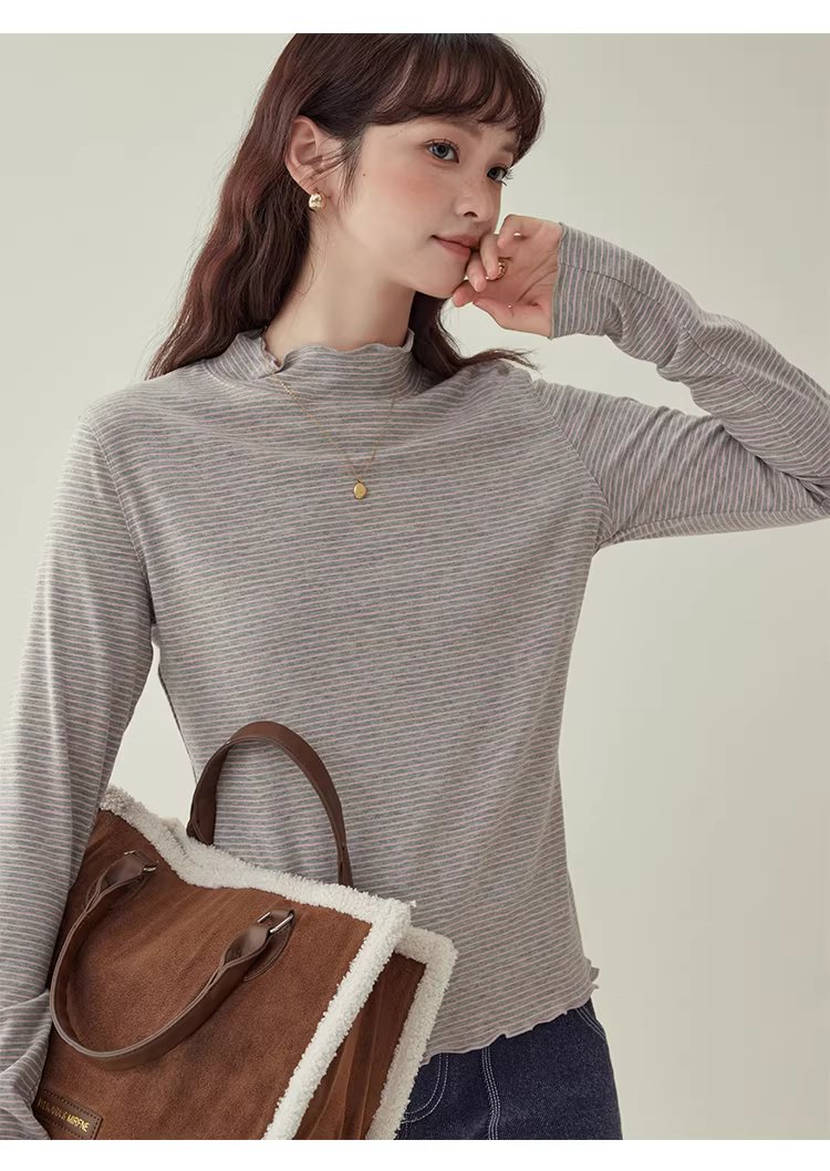 花邊半高領內搭T恤女冬季新款百搭條紋長袖上衣,花邊半高領內搭T恤女冬季新款百搭條紋長袖上衣,HBEW1153,花邊半高領內搭T恤女冬季新款百搭條紋長袖上衣,木耳邊,條紋造型