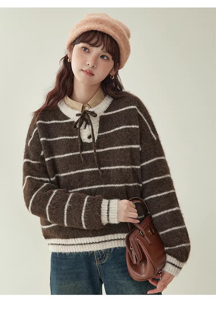 撞色條紋綁帶圓領羊毛毛衣女冬季新款甜美落肩袖上衣,撞色條紋綁帶圓領羊毛毛衣女冬季新款甜美落肩袖上衣,HBEW1155,撞色條紋綁帶圓領羊毛毛衣女冬季新款甜美落肩袖上衣,綁帶衣領,羊毛混紡