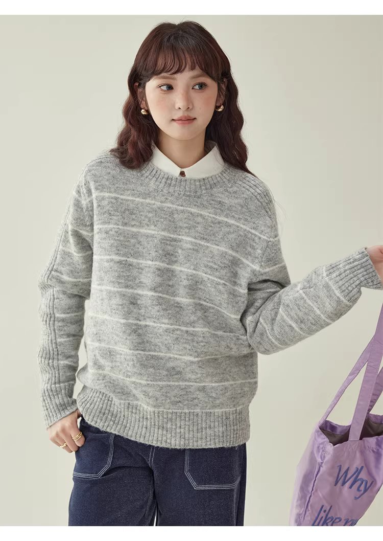 日繫條紋長袖羊毛絨毛衣女冬季新款通勤寬鬆上衣,日繫條紋長袖羊毛絨毛衣女冬季新款通勤寬鬆上衣,HBEW1158,日繫條紋長袖羊毛絨毛衣女冬季新款通勤寬鬆上衣,日系清新,羊毛混紡