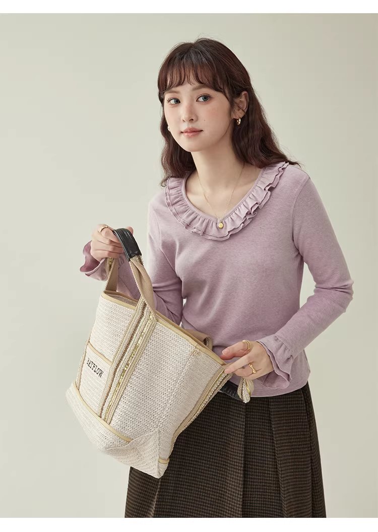 彩點荷葉邊v領厚T恤女冬季新款甜美打底長袖上衣,彩點荷葉邊v領厚T恤女冬季新款甜美打底長袖上衣,HBEW1186,彩點荷葉邊v領厚T恤女冬季新款甜美打底長袖上衣,荷葉邊領,彩點面料