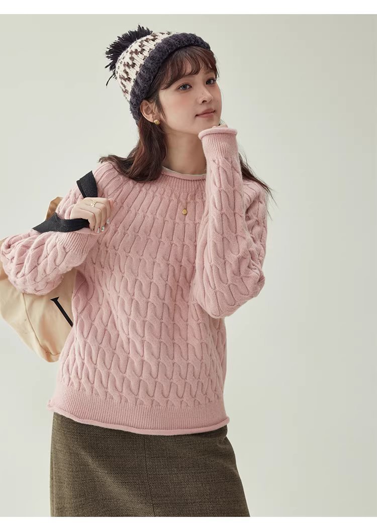 粉紅扭花捲邊長袖毛衣女25冬季新款甜美圓領上衣,粉紅扭花捲邊長袖毛衣女25冬季新款甜美圓領上衣,HBEW1188,粉紅扭花捲邊長袖毛衣女25冬季新款甜美圓領上衣,捲邊衣襬,扭花針織