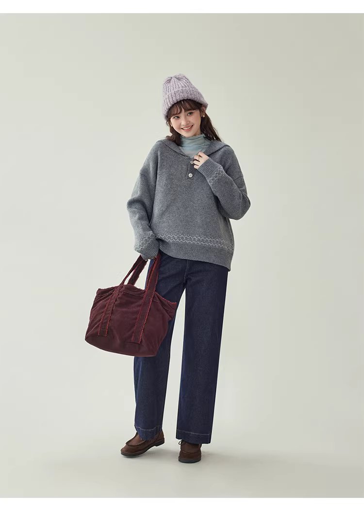 灰色提花海軍領毛衣女冬新款費爾島寬鬆長袖上衣,灰色提花海軍領毛衣女冬新款費爾島寬鬆長袖上衣,HBEW1191,灰色提花海軍領毛衣女冬新款費爾島寬鬆長袖上衣,海軍領,費爾島圖騰